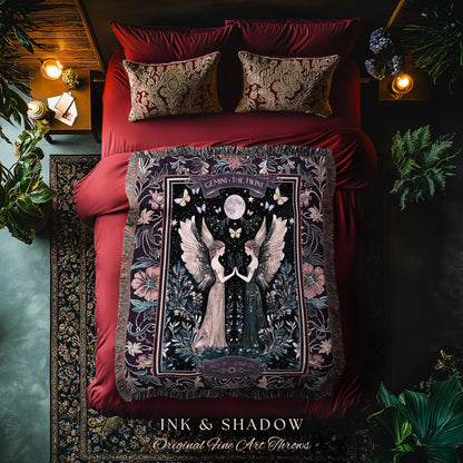 Full Moon Mystic Gemini Zodiac Dark Fairycore Tapestry Blanket Celestial Birthday Gift | The Twins Magic Witchy Whimsy Astrology Art Throw
