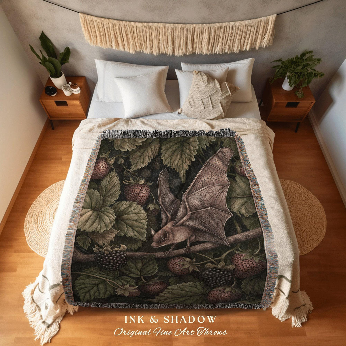 Strawberry Bat Botanical Tapestry Throw Blanket | Dark Academia Woodland Whimsigothic Art Forest Berries Witchy Wildlife Woven Wall Hanging