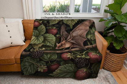 Strawberry Bat Botanical Tapestry Throw Blanket | Dark Academia Woodland Whimsigothic Art Forest Berries Witchy Wildlife Woven Wall Hanging