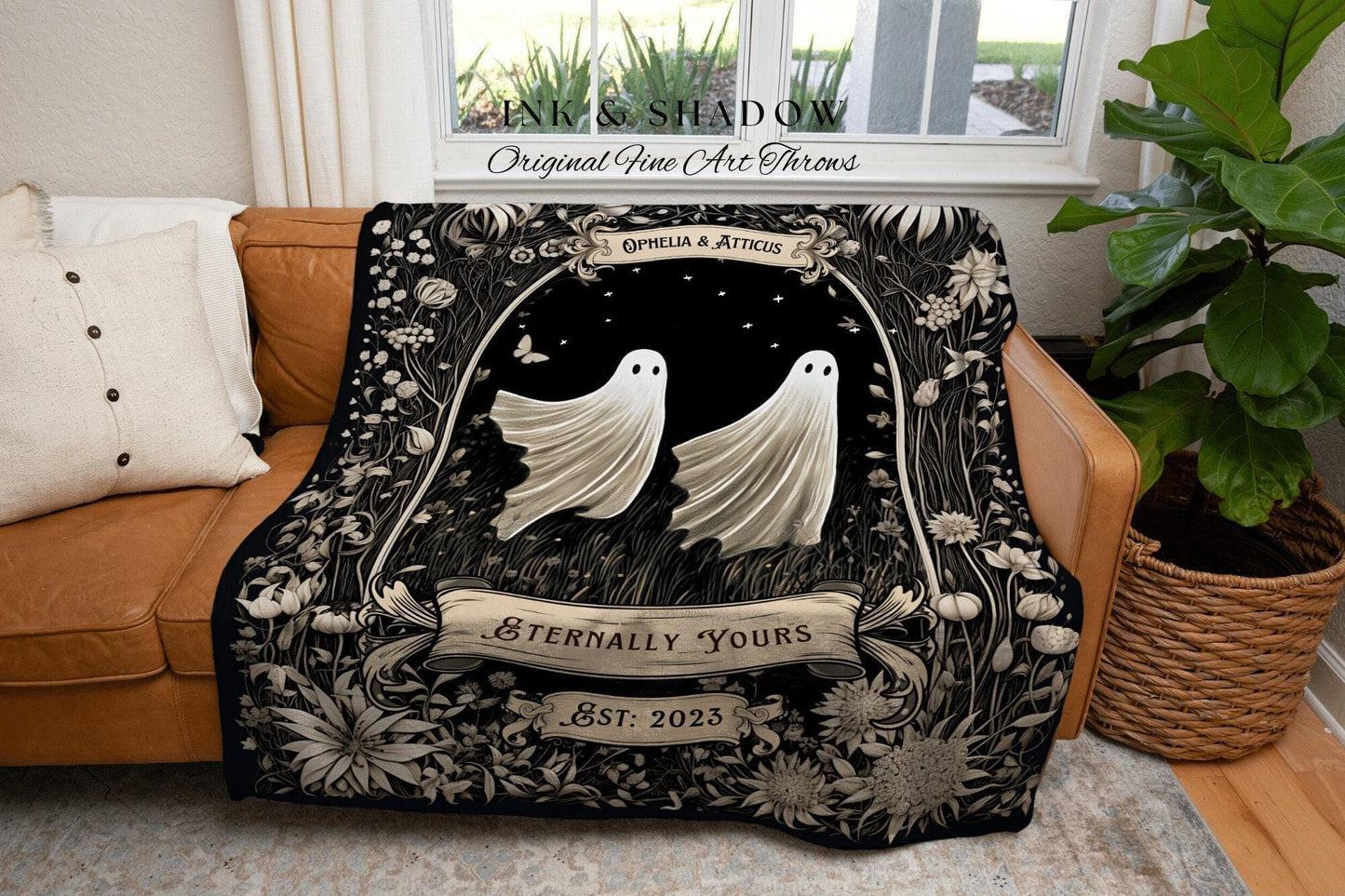 Vintage Ghost Couples Blanket | Personalized Wedding Blanket Spooky Halloween Tapestry Woven Ghost Gifts His & Hers Anniversary Whimsical |