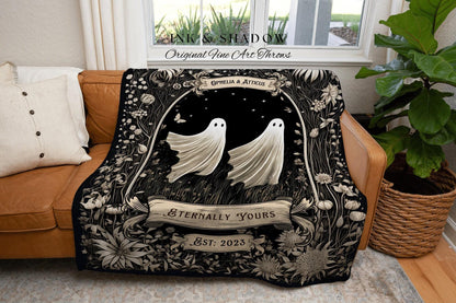 Vintage Ghost Couples Blanket | Personalized Wedding Blanket Spooky Halloween Tapestry Woven Ghost Gifts His & Hers Anniversary Whimsical |