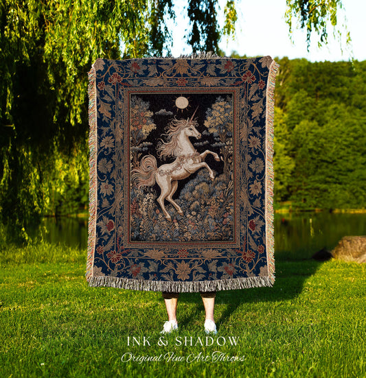Victorian Unicorn Fairycore Blanket | Fairytale Nursery Decor Golden Baroque Woven Tapestry Castlecore Bedroom Romantic Forest Mystical |
