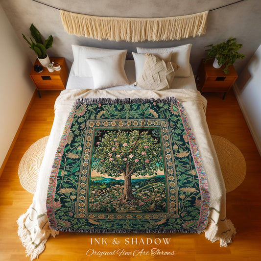 Countryside Sunset Tree of Life Blanket | Elegant Floral Landscape Wildflower Decor Nature Inspired Cottagecore Woven Tapestry Storybook |