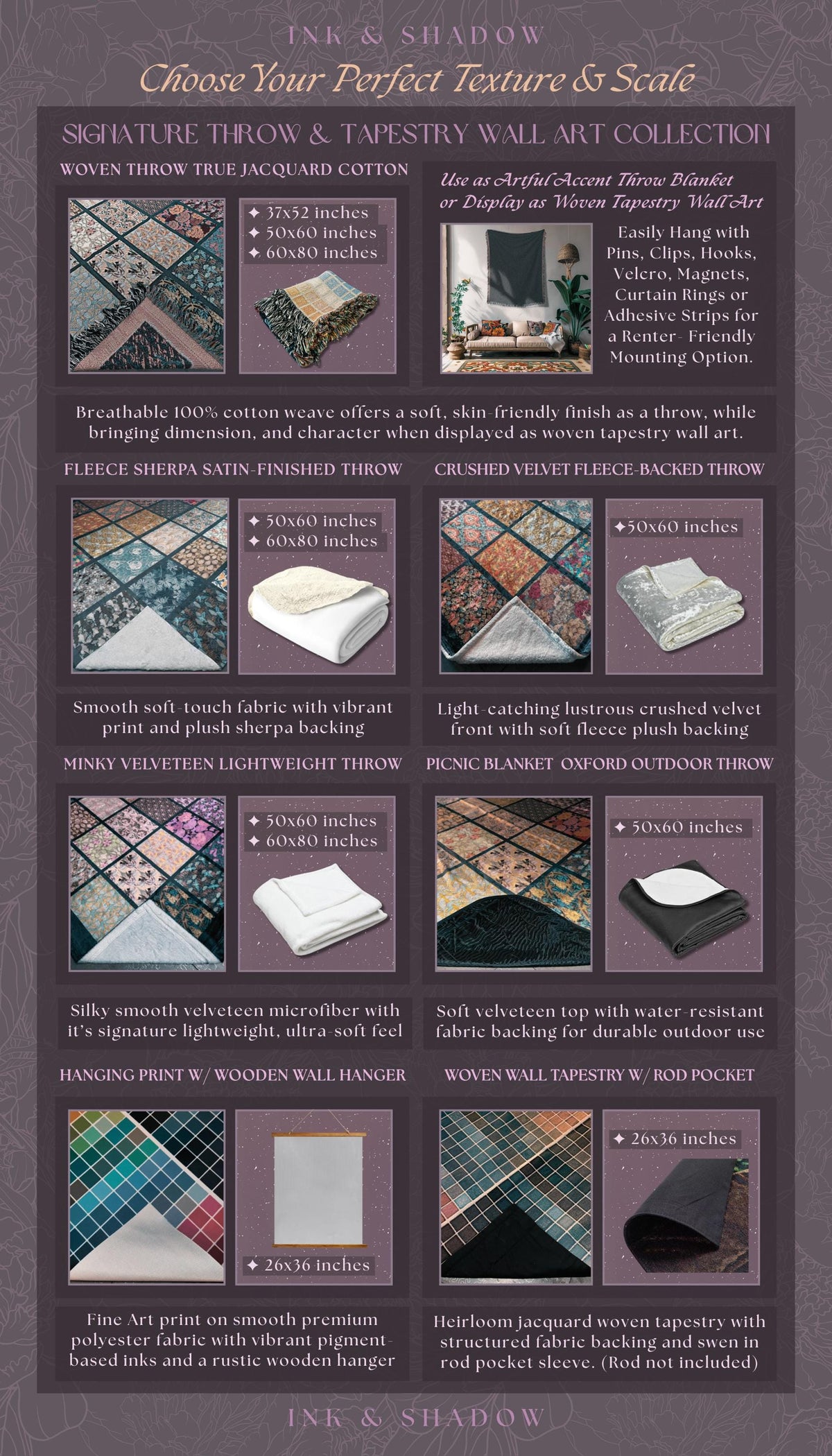 The image is a collection of various textures and patterns, including woven throw and tapestry wall art, as well as printed fabrics and textiles.
