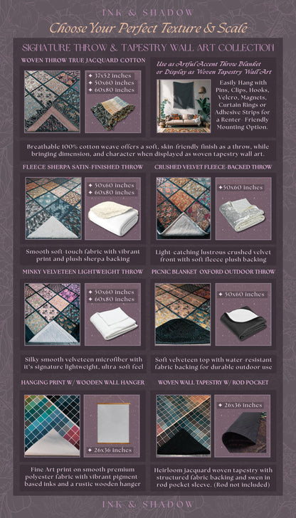 The image is a collection of various textures and patterns, including woven throw and tapestry wall art, as well as printed fabrics and textiles.