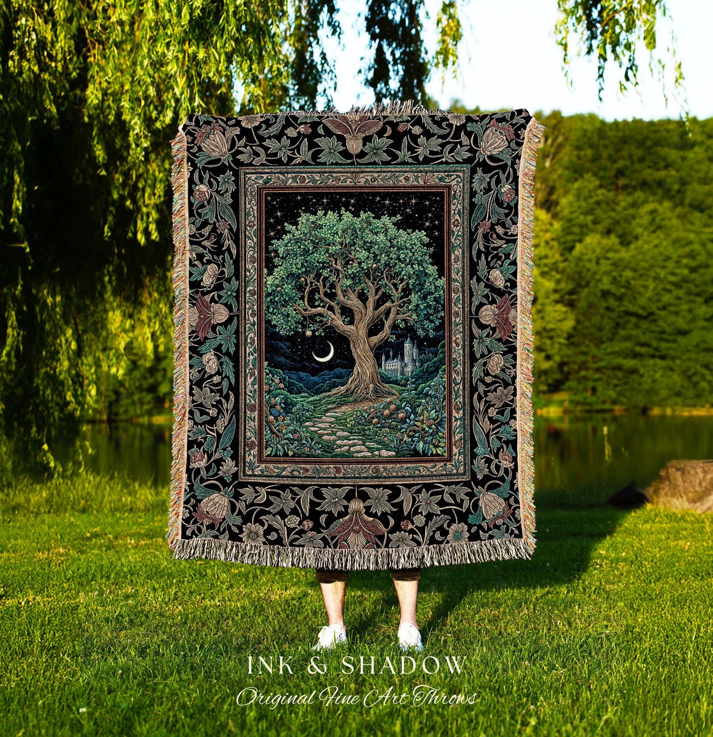 Fantasy Castle Tree of Life Throw Blanket | Celestial Moon Decor Star Garden Design Folklore Inspired Tapestry Enchanted Forest Medieval |