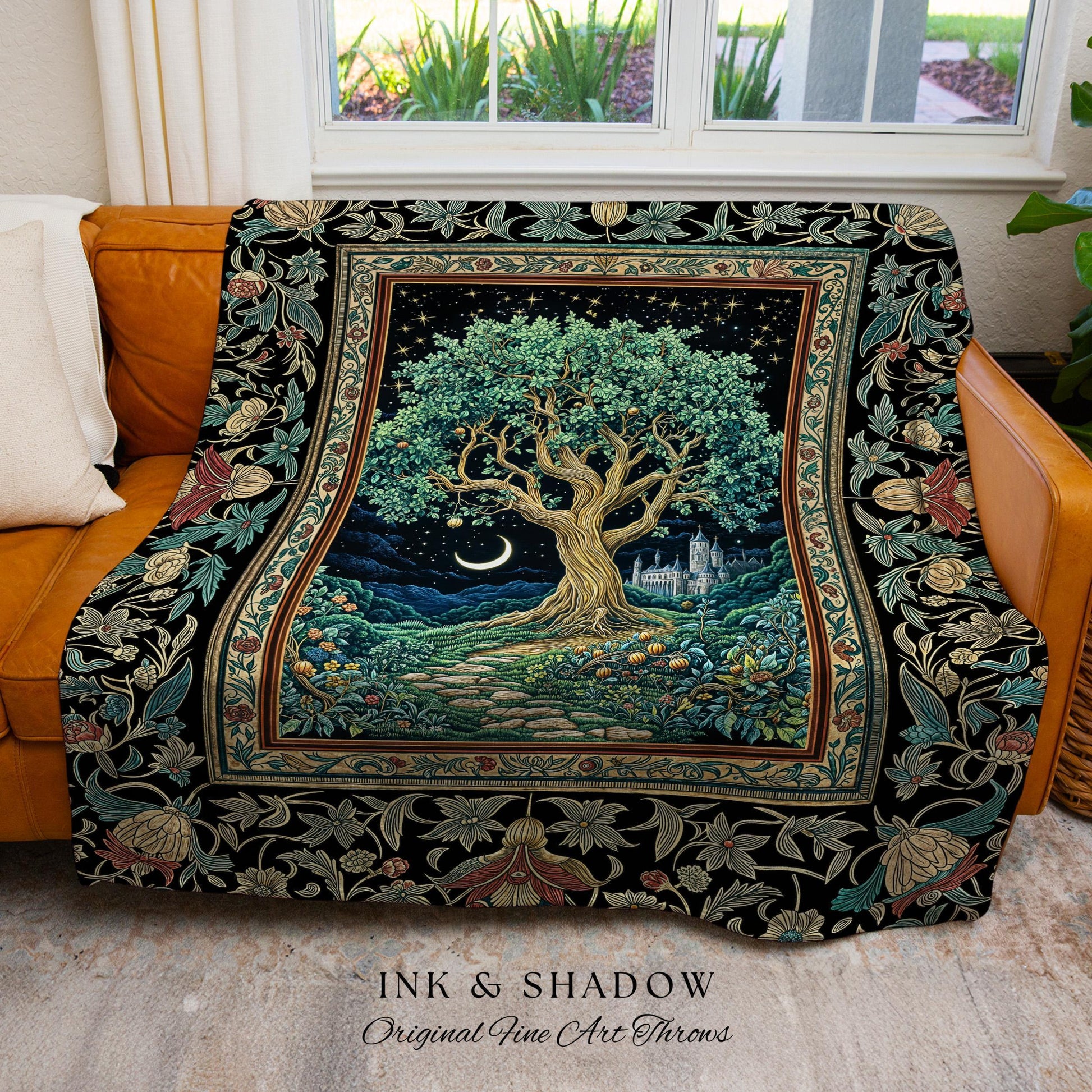 Fantasy Castle Tree of Life Throw Blanket | Celestial Moon Decor Star Garden Design Folklore Inspired Tapestry Enchanted Forest Medieval |