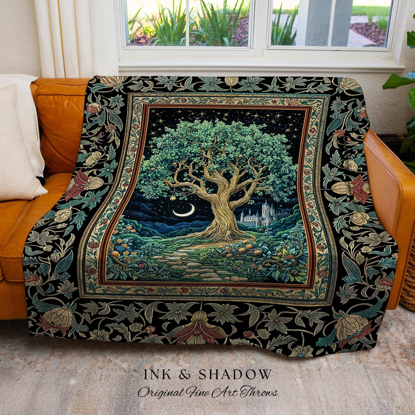 Fantasy Castle Tree of Life Throw Blanket | Celestial Moon Decor Star Garden Design Folklore Inspired Tapestry Enchanted Forest Medieval |