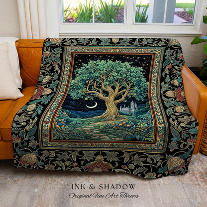 Fantasy Castle Tree of Life Throw Blanket | Celestial Moon Decor Star Garden Design Folklore Inspired Tapestry Enchanted Forest Medieval |