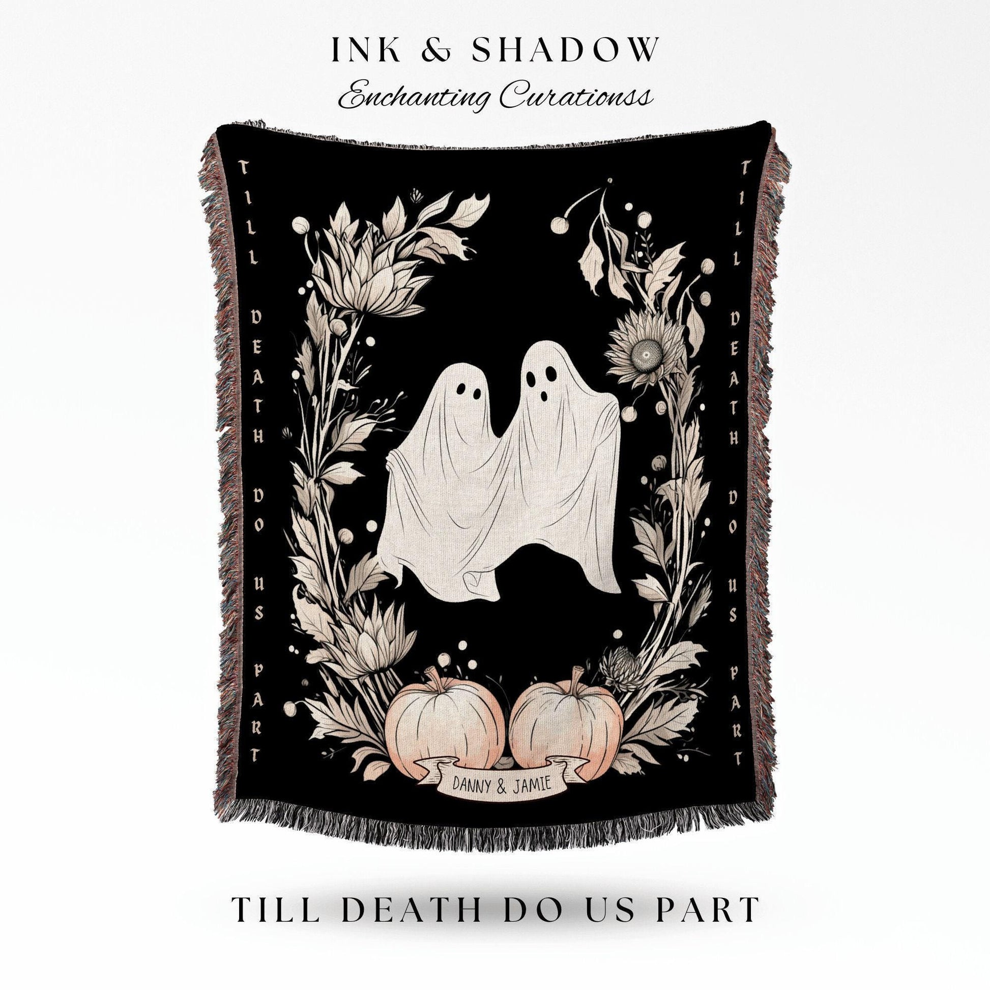 Till Death Do Us Part Ghost Couple Personalized Wedding Blanket | Spooky Halloween Tapestry Woven Ghost Gifts Thoughtful Anniversary Gifts