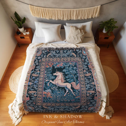 Storybook Unicorn Mystic Woven Throw | Pastel Blue Forest Pegasus Accent Fairytale Baroque Decor Romantic Tapestry Mystic Cottagecore Regal