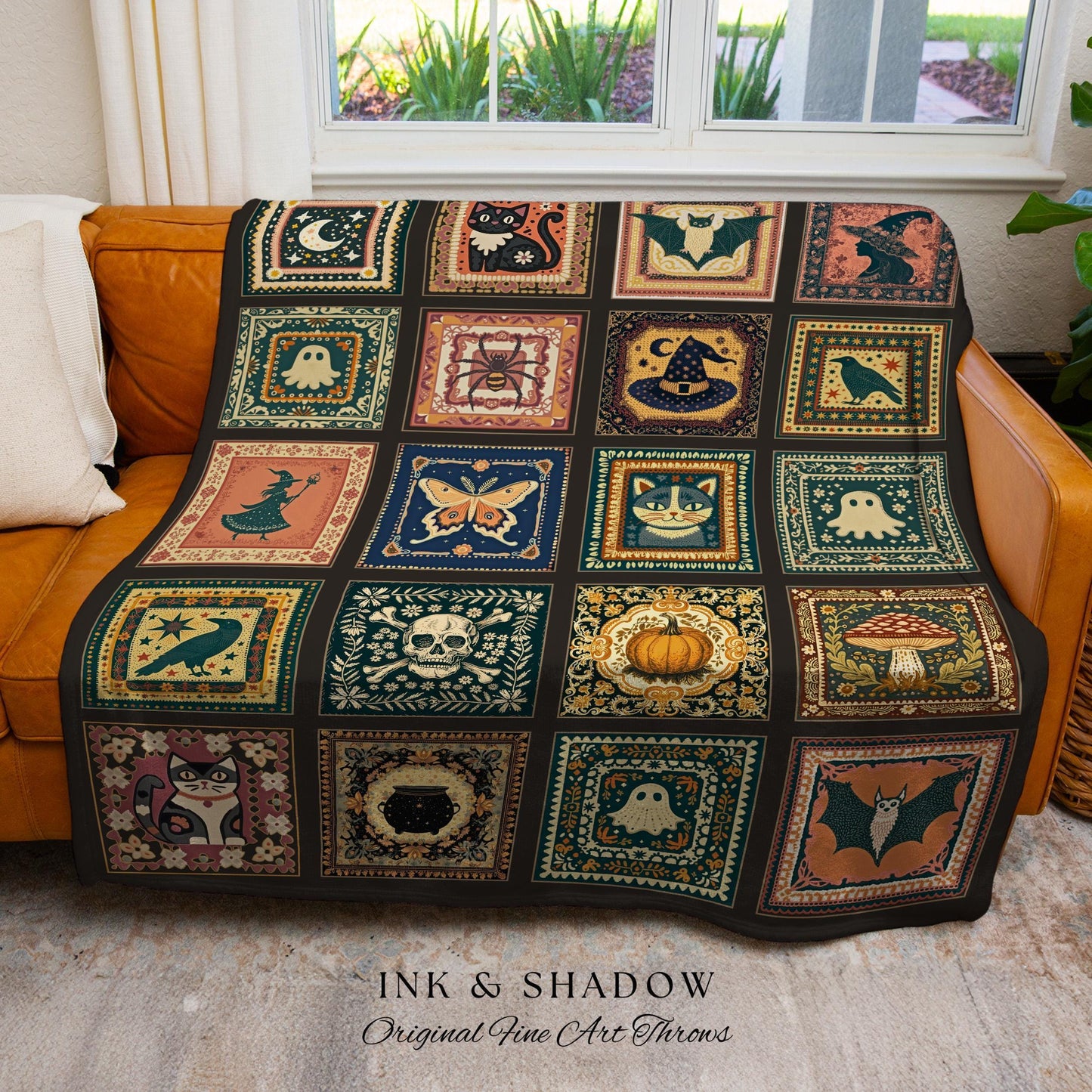Rustic Folk Art Spooky Patchwork Halloween Cozy Woven Throw, Dark Academic Enchanted Folklore Witchy Whimsical Tapestry Blanket Wall Hanging
