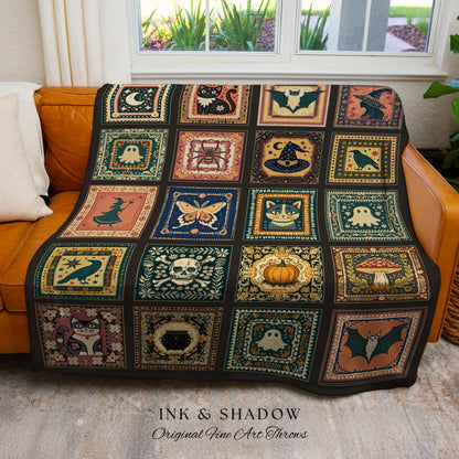 Rustic Folk Art Spooky Patchwork Halloween Cozy Woven Throw, Dark Academic Enchanted Folklore Witchy Whimsical Tapestry Blanket Wall Hanging