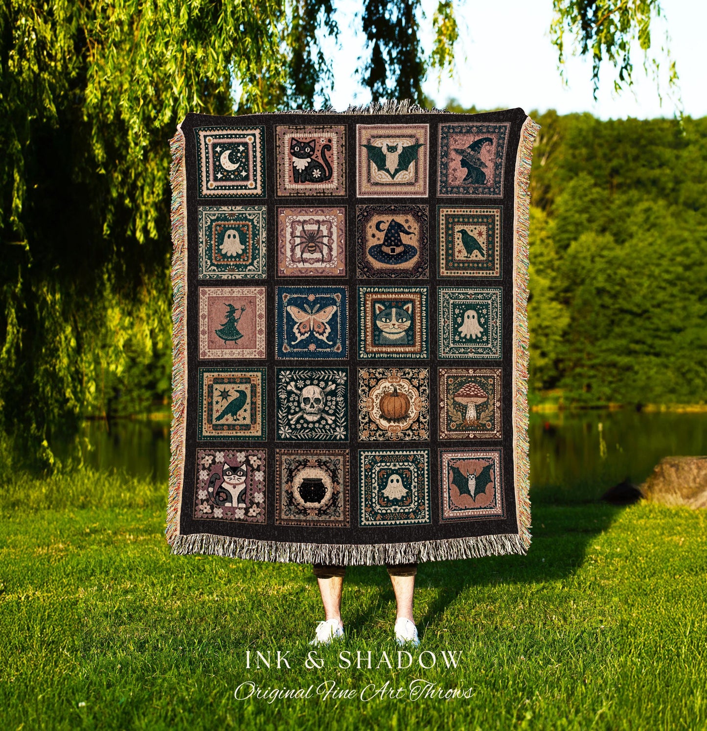 Rustic Folk Art Spooky Patchwork Halloween Cozy Woven Throw, Dark Academic Enchanted Folklore Witchy Whimsical Tapestry Blanket Wall Hanging