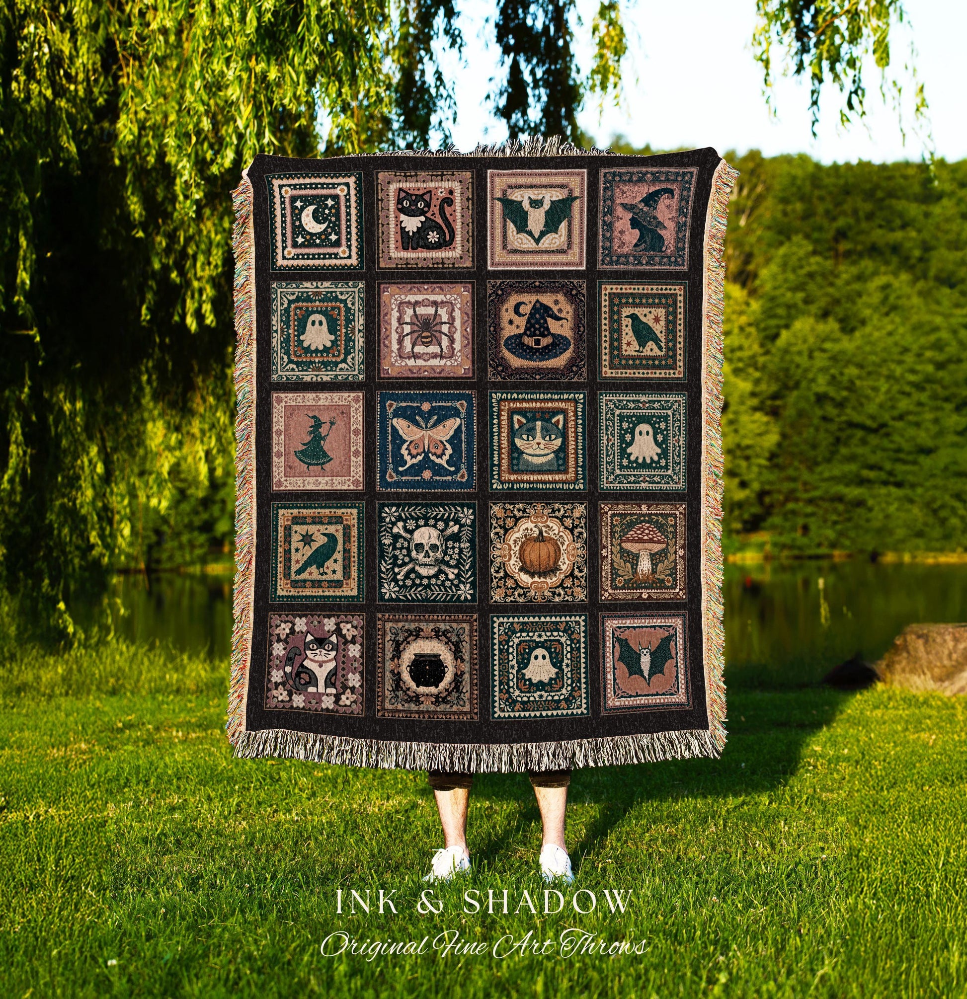 Rustic Folk Art Spooky Patchwork Halloween Cozy Woven Throw, Dark Academic Enchanted Folklore Witchy Whimsical Tapestry Blanket Wall Hanging