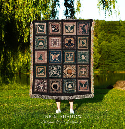 Rustic Folk Art Spooky Patchwork Halloween Cozy Woven Throw, Dark Academic Enchanted Folklore Witchy Whimsical Tapestry Blanket Wall Hanging