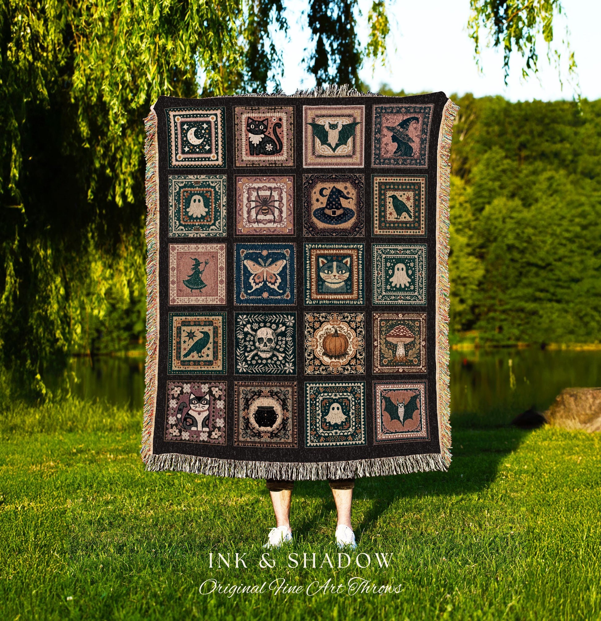 Rustic Halloween Cozy Throw Blanket | Gothic Bedroom Accent Witchcore Decor Cat Tapestry Gift for Goths Cottagecore Witchy Cute Aesthetic |
