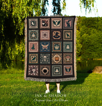 Rustic Halloween Cozy Throw Blanket | Gothic Bedroom Accent Witchcore Decor Cat Tapestry Gift for Goths Cottagecore Witchy Cute Aesthetic |