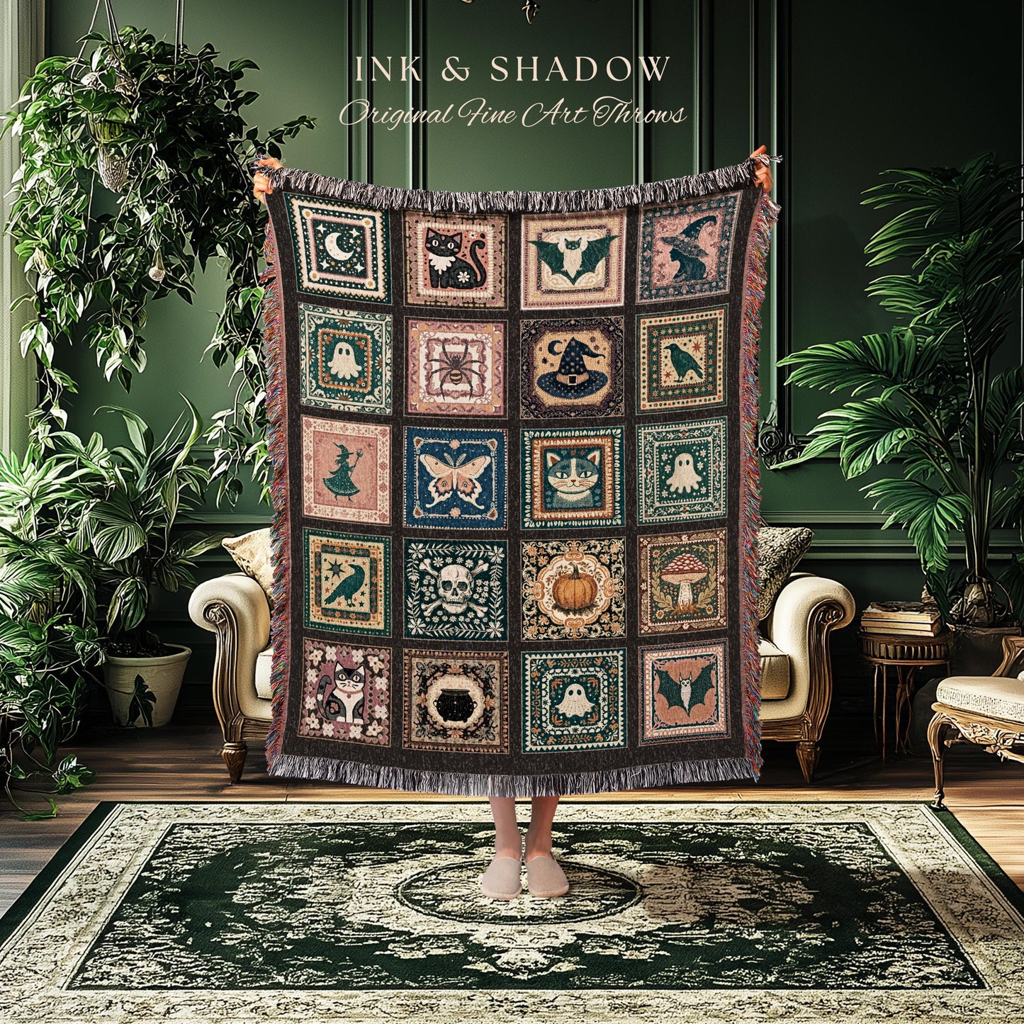 Rustic Folk Art Spooky Patchwork Halloween Cozy Woven Throw, Dark Academic Enchanted Folklore Witchy Whimsical Tapestry Blanket Wall Hanging