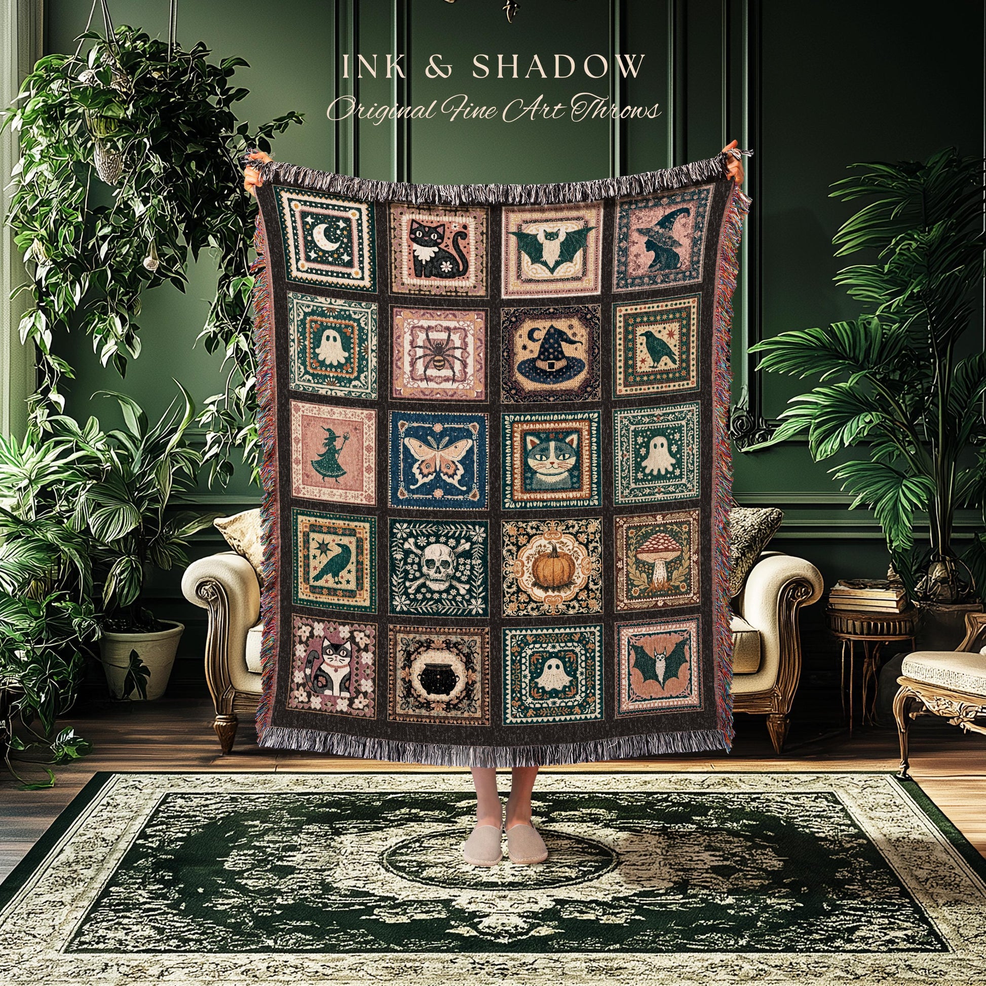 Rustic Folk Art Spooky Patchwork Halloween Cozy Woven Throw, Dark Academic Enchanted Folklore Witchy Whimsical Tapestry Blanket Wall Hanging
