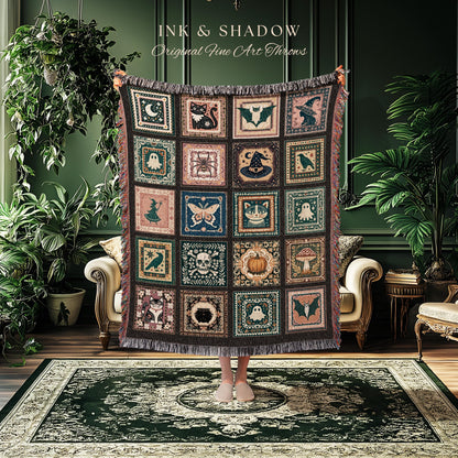 Rustic Folk Art Spooky Patchwork Halloween Cozy Woven Throw, Dark Academic Enchanted Folklore Witchy Whimsical Tapestry Blanket Wall Hanging