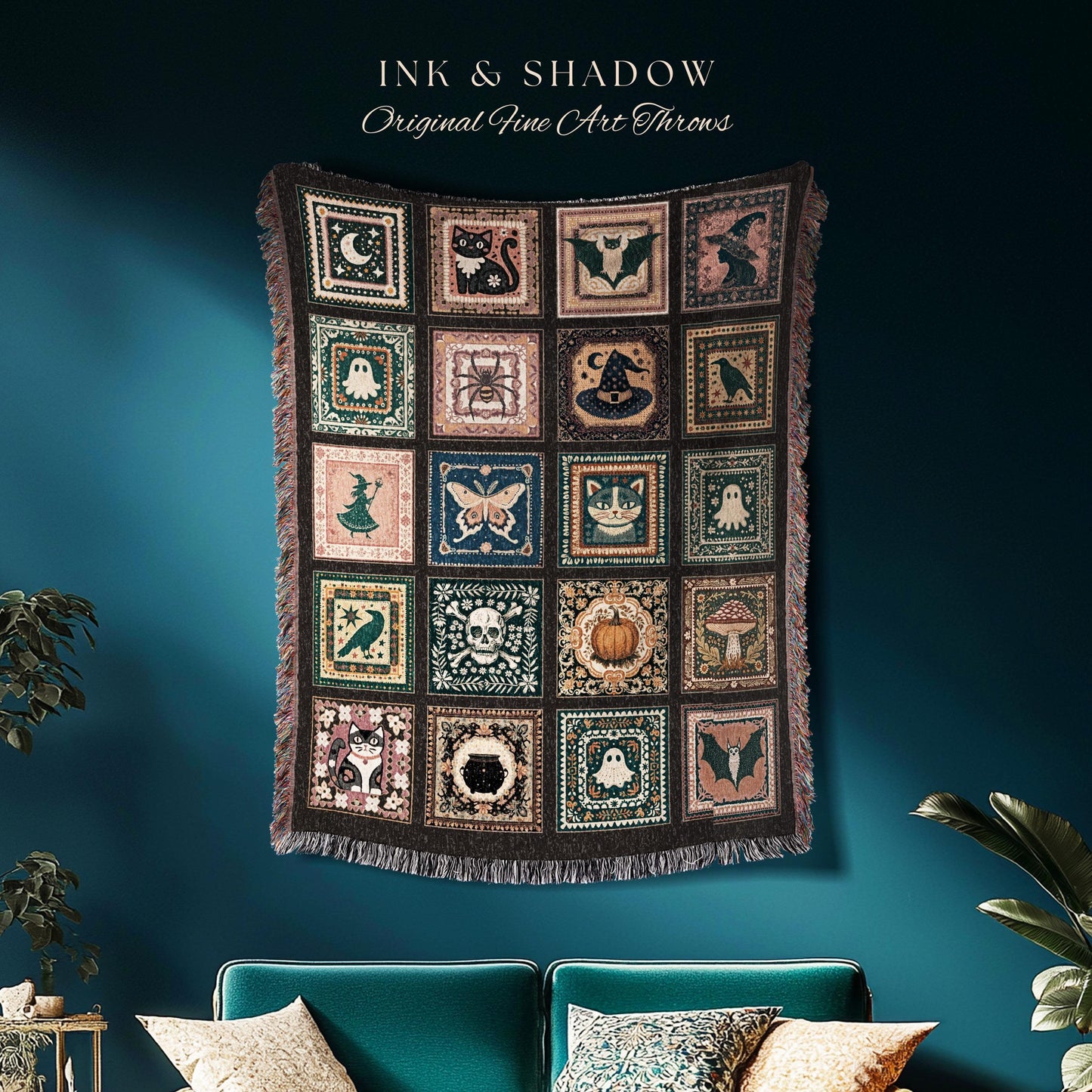 Rustic Folk Art Spooky Patchwork Halloween Cozy Woven Throw, Dark Academic Enchanted Folklore Witchy Whimsical Tapestry Blanket Wall Hanging