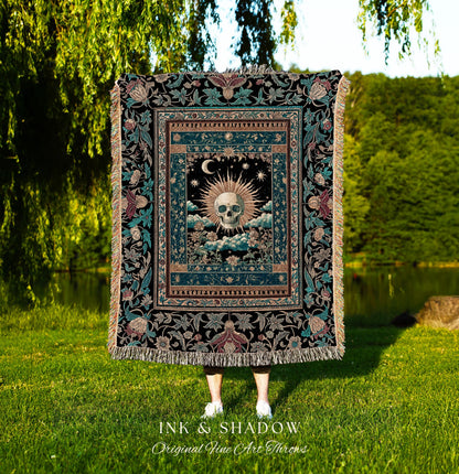 Gothic Bohemian Skull Witchy Woven Throw | Wiccan Aesthetic Halloween Vibes Dark Academia Woven Wall Tapestry Baroque Spooky Season Decor |