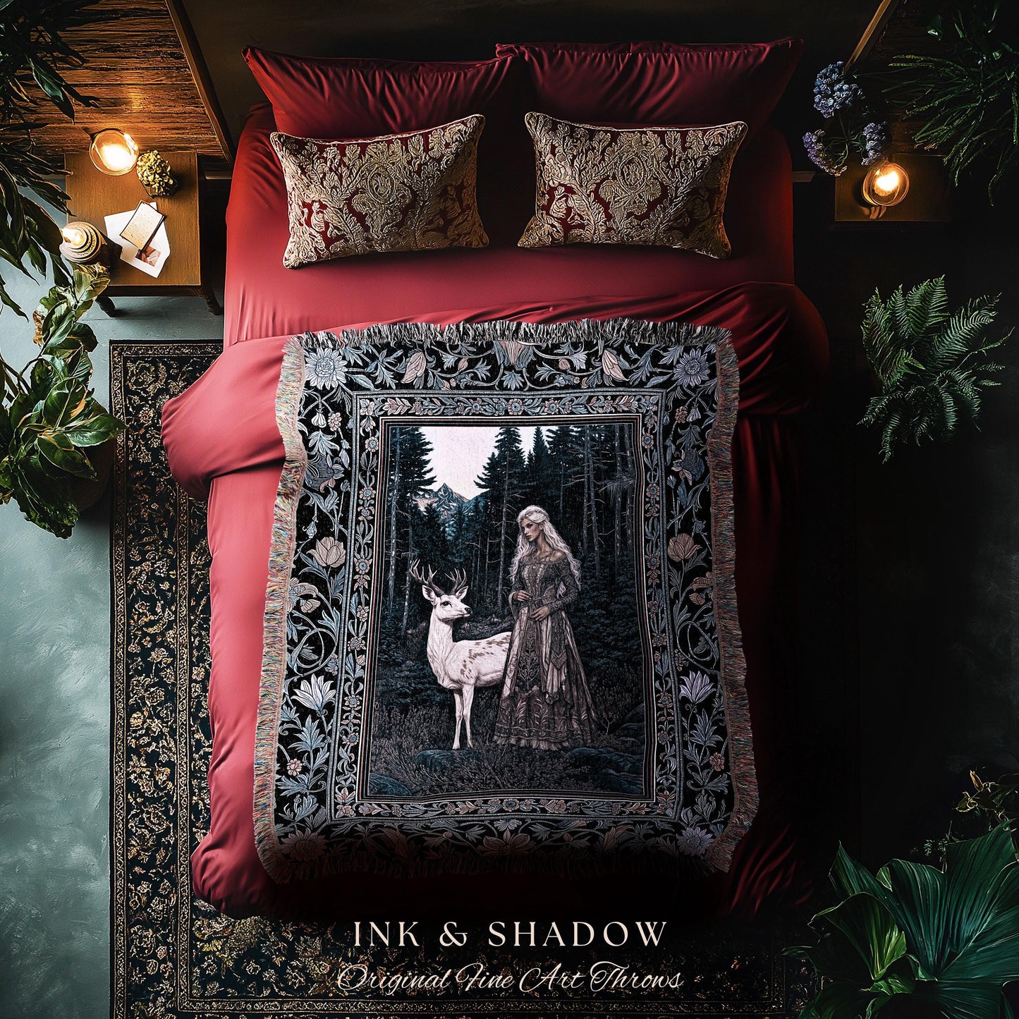 Gothic Forest Spirit Tapestry | Dark Academia Storybook Aesthetic Witchy Baroque Bedroom Decor Forest Nymph Whimsigothic Fantasy Inspired |