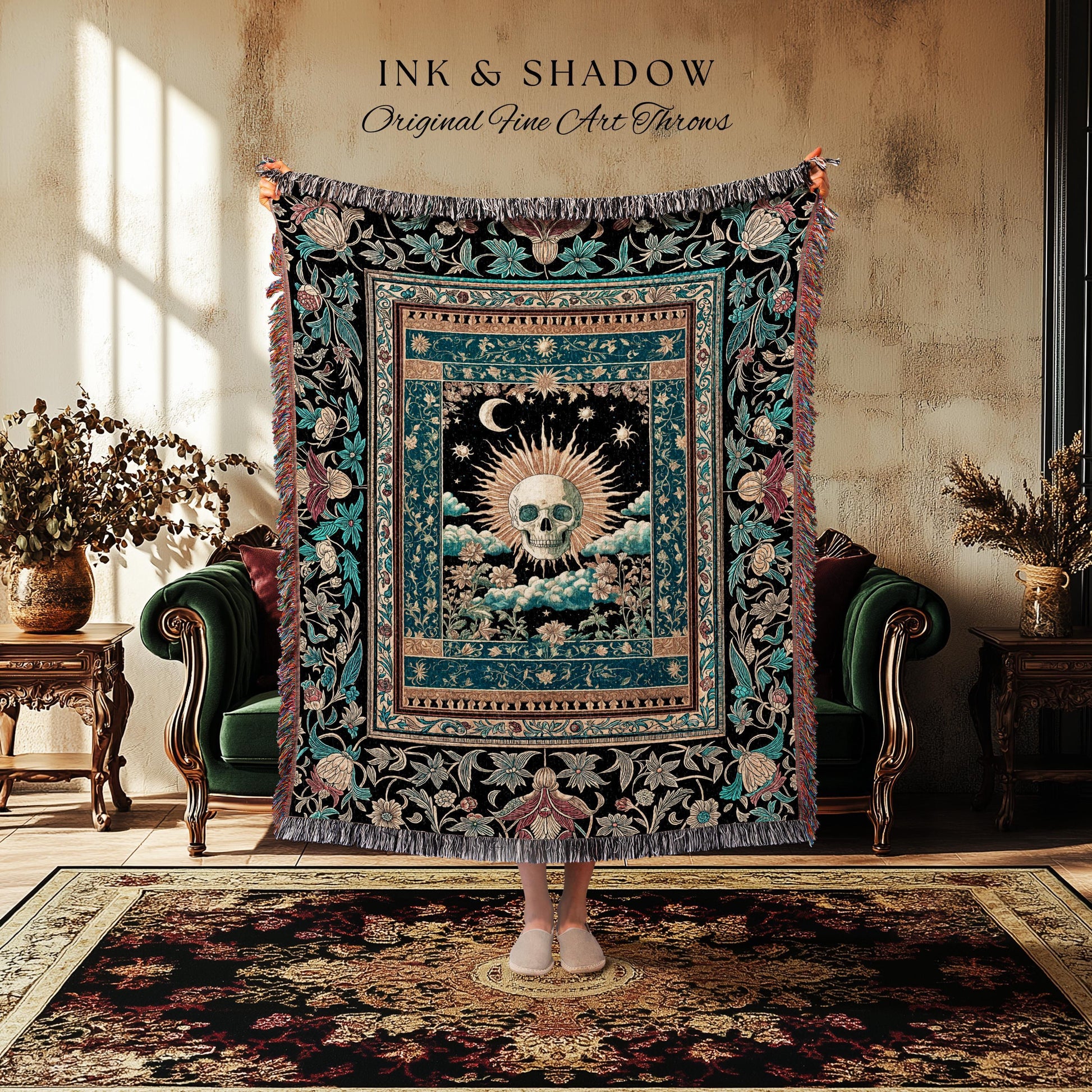 Gothic Bohemian Skull Witchy Woven Throw | Wiccan Aesthetic Halloween Vibes Dark Academia Woven Wall Tapestry Baroque Spooky Season Decor |