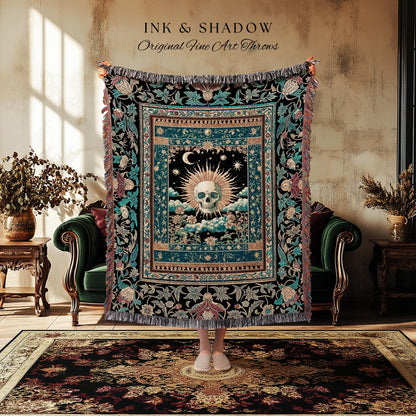 Gothic Bohemian Skull Witchy Woven Throw | Wiccan Aesthetic Halloween Vibes Dark Academia Woven Wall Tapestry Baroque Spooky Season Decor |