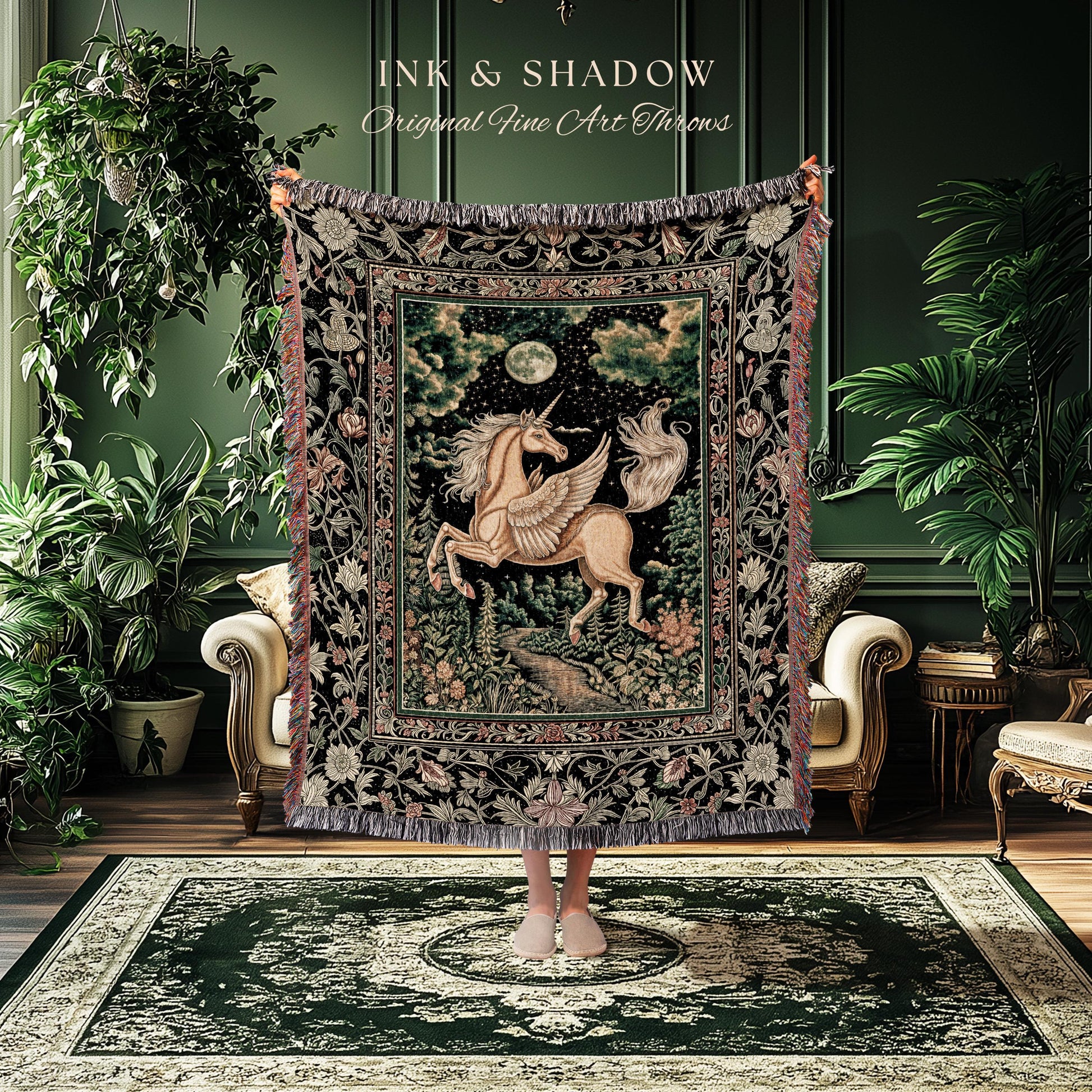 Celestial Pegasus Unicorn Forest Tapestry | Baroque Decor Romantic Maximalist Fairytale Cottagecore Style Whimsical Castlecore Throw Blanket