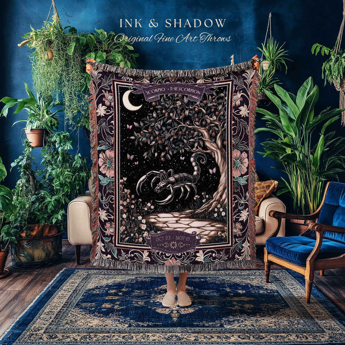 Whimsigothic Scorpio Zodiac Throw Moonlit Enchanted Forest Astrology Tapestry | The Scorpion Dark Fairytale Witchy Woodland Birth Month Art