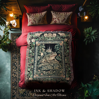 Whimsical Folklore Toad Castle Tapestry | Ethereal Landscape Elegant Botanical Throw Blanket Gothic Victorian Eclectic Aesthetic Frog & Toad