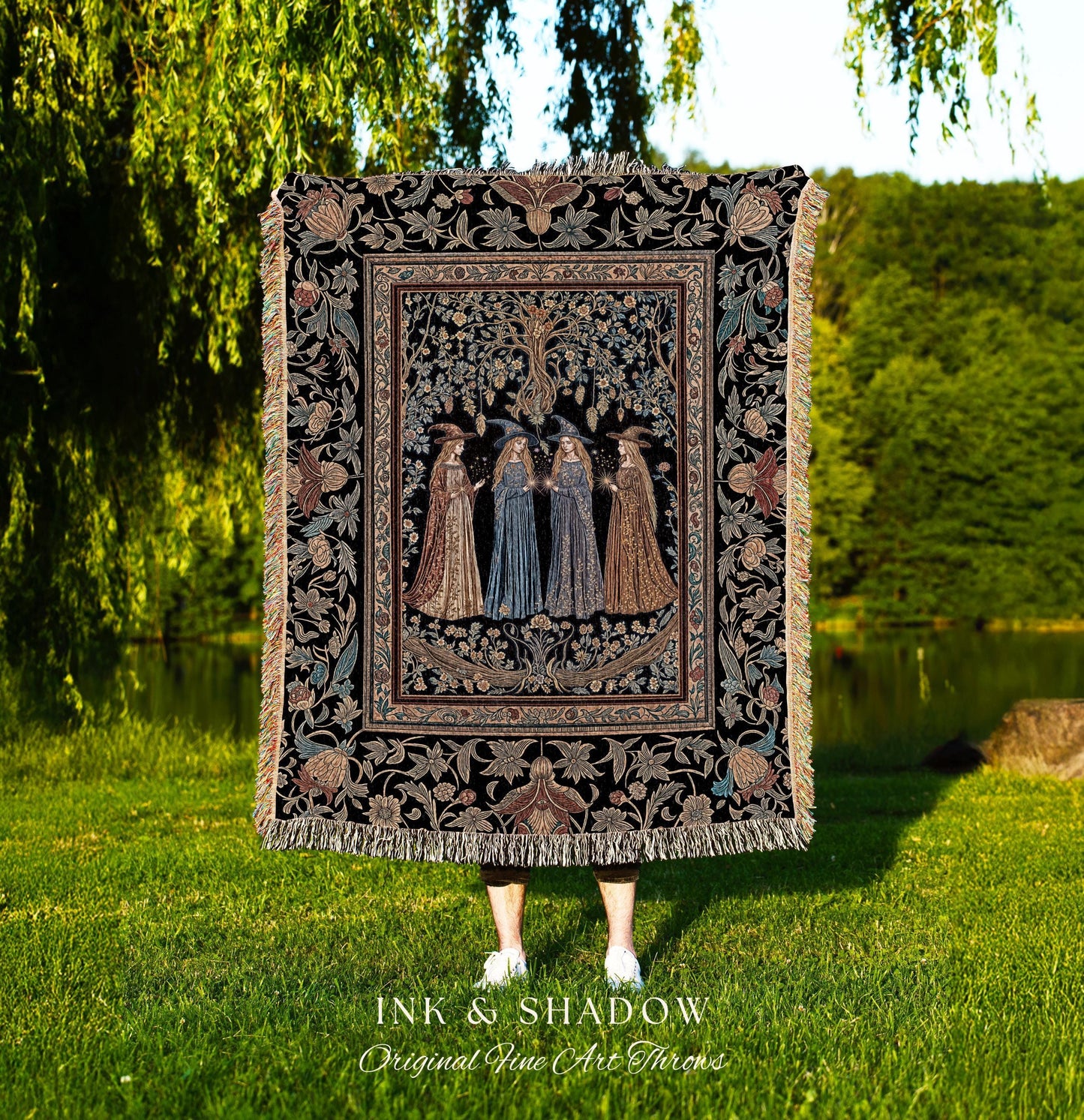 Celestial Witches Gothic Woven Wall Tapestry | Dreamy Maiden Forest Enchantment Floral Magic Coven Throw Blanket Folk Tale Sisterhood Art |