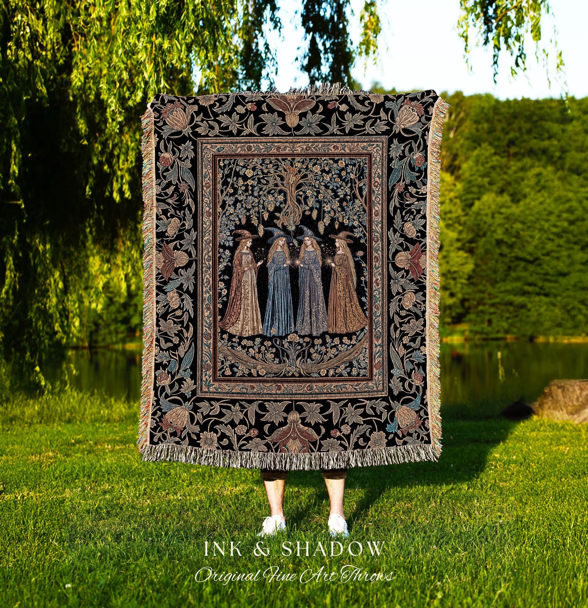 Celestial Witches Gothic Woven Wall Tapestry | Dreamy Maiden Forest Enchantment Floral Magic Coven Throw Blanket Folk Tale Sisterhood Art |