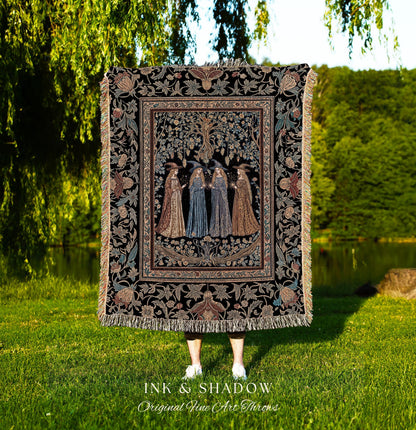 Celestial Witches Gothic Woven Wall Tapestry | Dreamy Maiden Forest Enchantment Floral Magic Coven Throw Blanket Folk Tale Sisterhood Art |