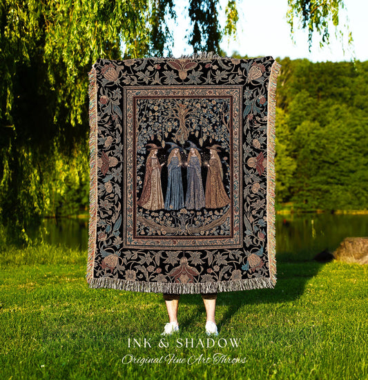 Celestial Witches Gothic Woven Wall Tapestry | Dreamy Maiden Forest Enchantment Floral Magic Coven Throw Blanket Folk Tale Sisterhood Art |