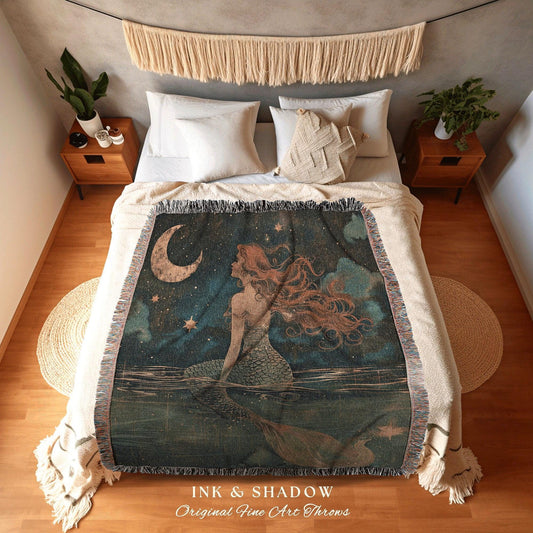 Luna Mermaid Room Decor | Mermaid Aesthetic Bedroom Celestial Witch Tapestry Fairycore Decor Art Nouveau Blanket Fairy Decor Dark Academia