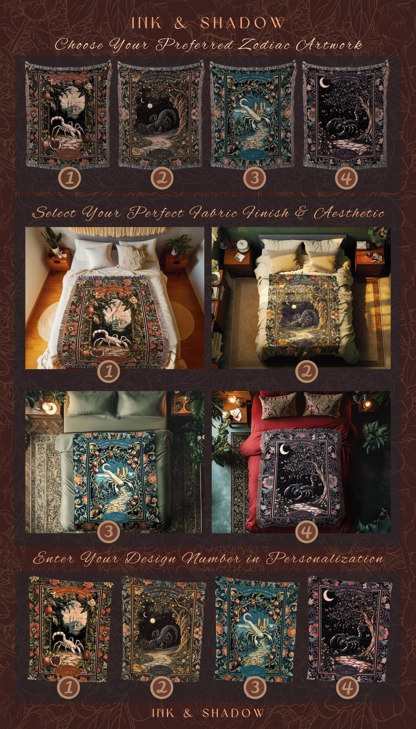 Antique Baroque Scorpio Astrology Tapestry Dark Woodland Gothic Zodiac Blanket | The Scorpion Mystic Forestcore Night Sky Birth Month Decor