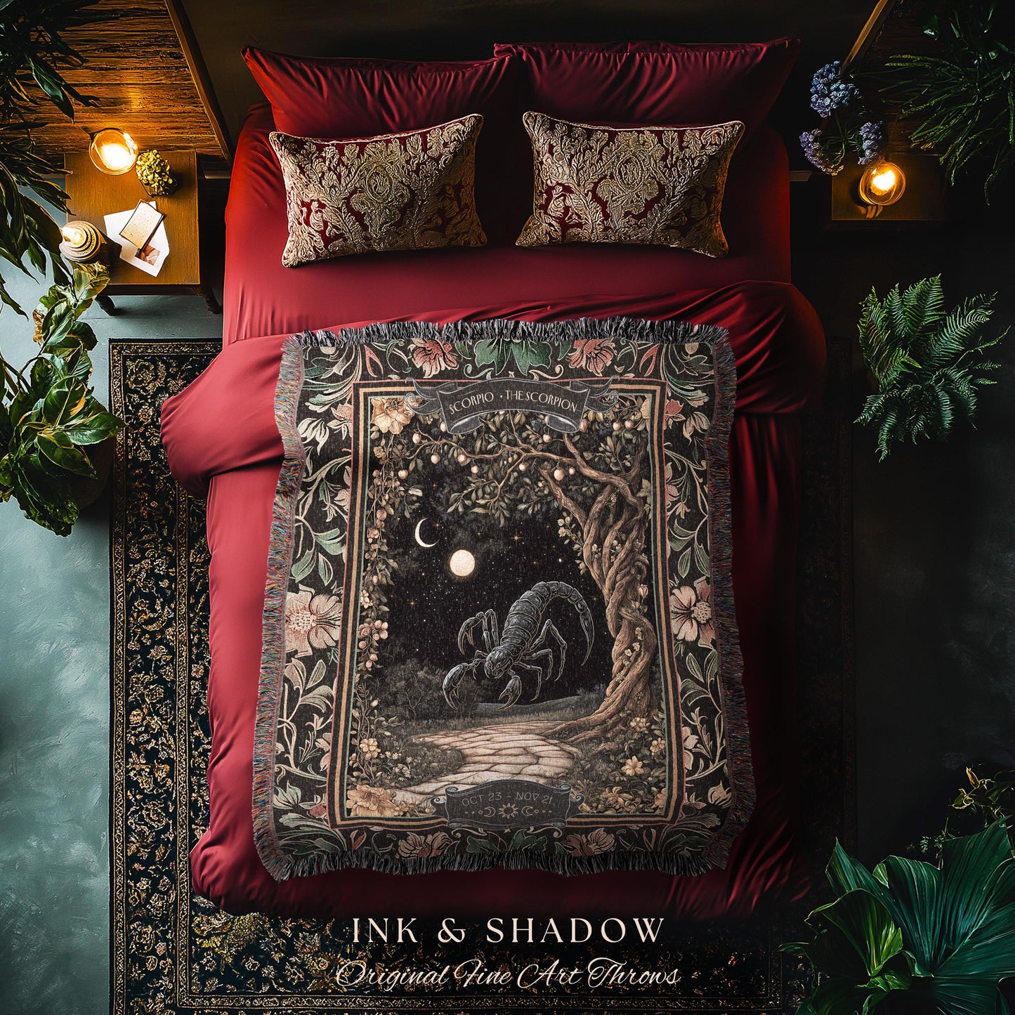 Antique Baroque Scorpio Astrology Tapestry Dark Woodland Gothic Zodiac Blanket | The Scorpion Mystic Forestcore Night Sky Birth Month Decor