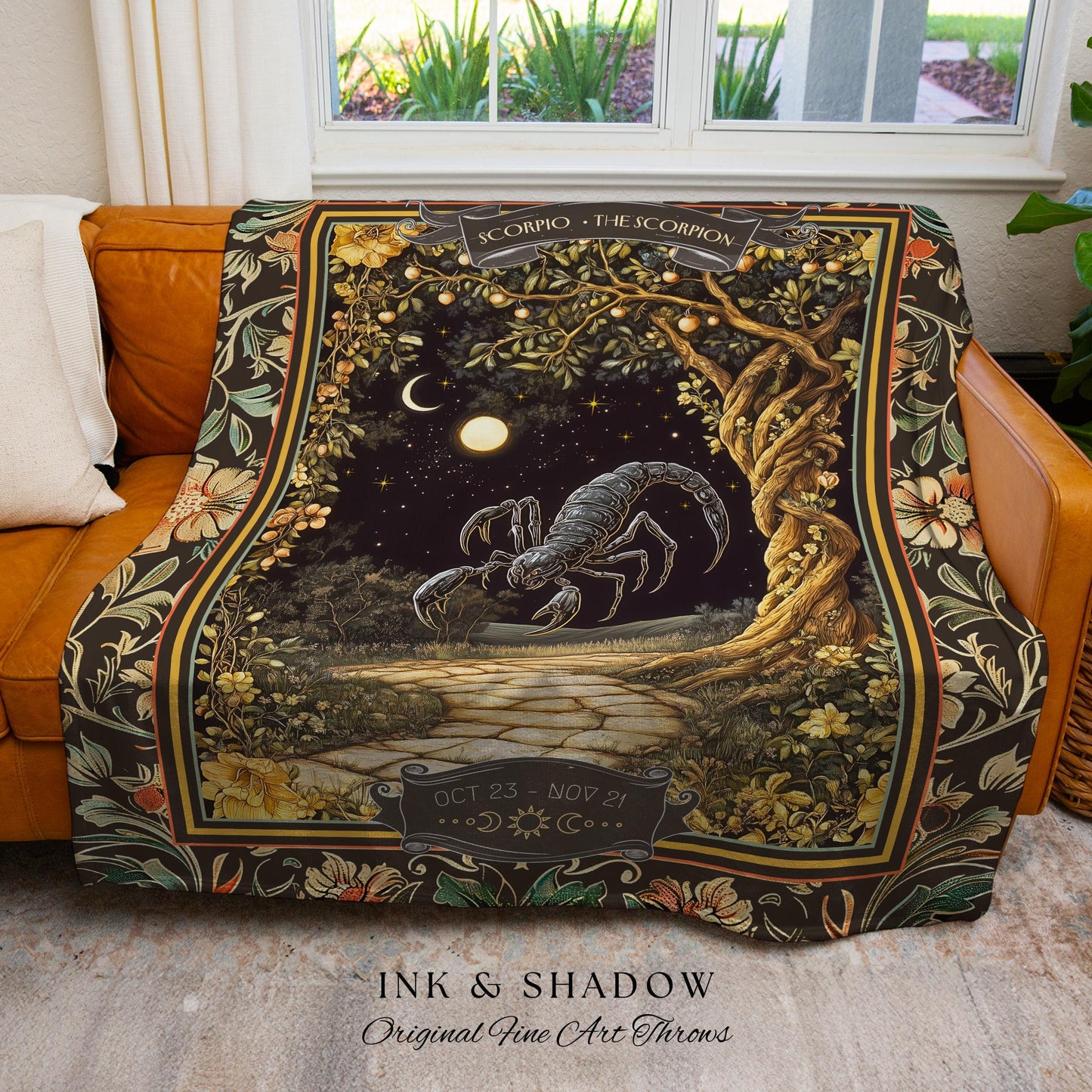 Antique Baroque Scorpio Astrology Tapestry Dark Woodland Gothic Zodiac Blanket | The Scorpion Mystic Forestcore Night Sky Birth Month Decor