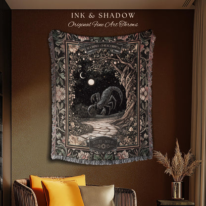 Antique Baroque Scorpio Astrology Tapestry Dark Woodland Gothic Zodiac Blanket | The Scorpion Mystic Forestcore Night Sky Birth Month Decor