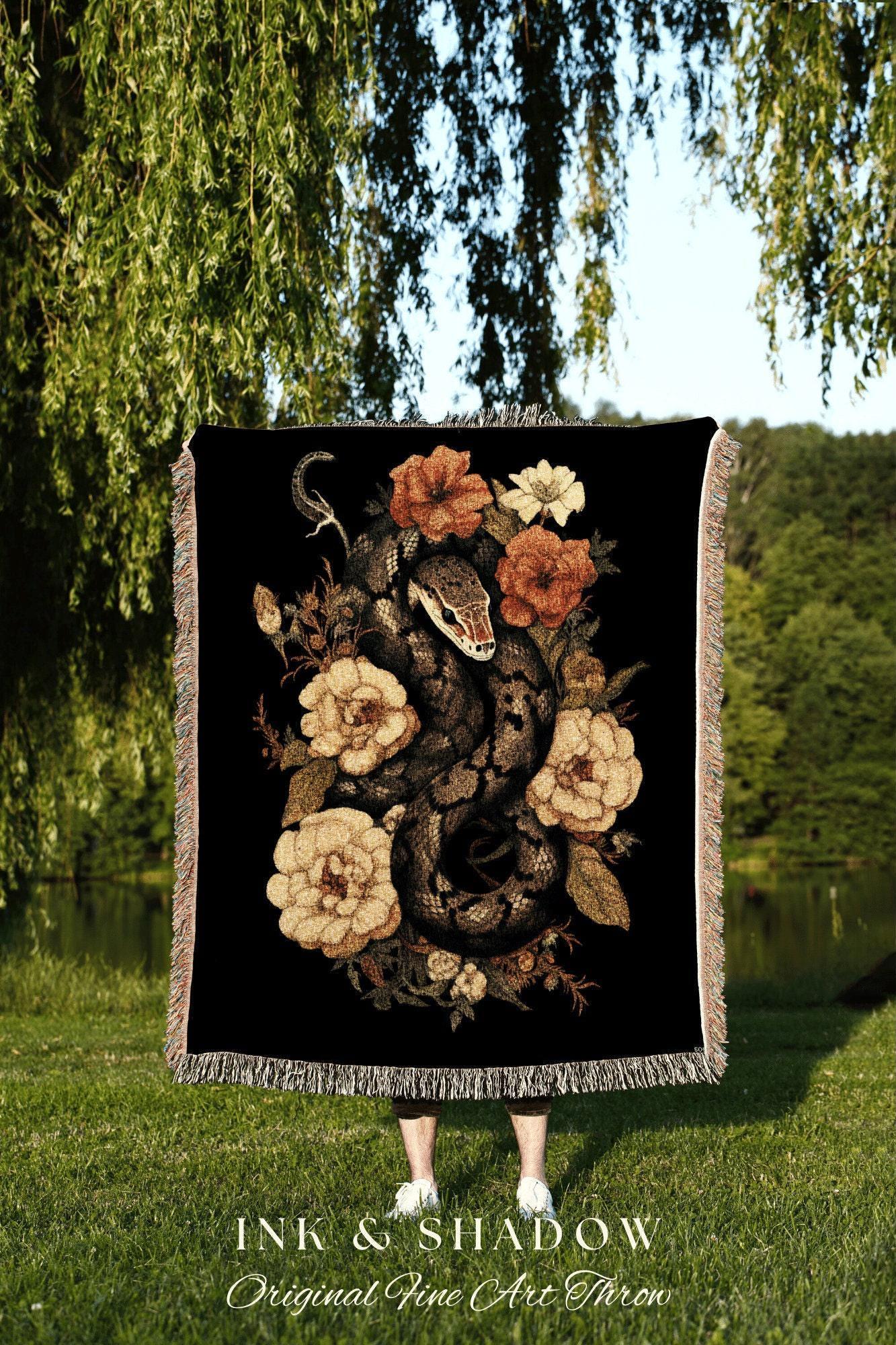Vintage Serpent Tapestry Woven | Dark Academia Aesthetic Occult Decor Blanket Woven | Desert Rose Tapestry Gothic Room Decor Macabre Snake |