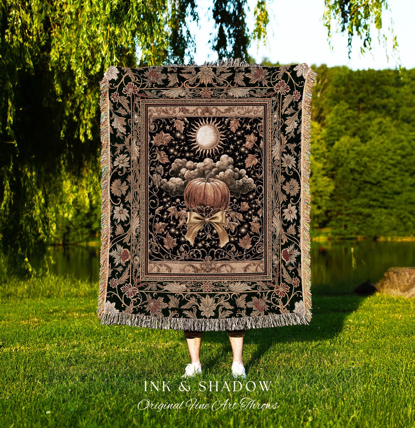 Fall Aesthetic Pumpkin Wall Tapestry | Spooky Cozy Woven Throw Blanket Moody Accent Autumn Decor Amber Night Gothic Folklore Elegant Harvest