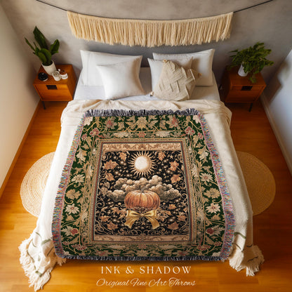 Fall Aesthetic Pumpkin Wall Tapestry | Spooky Cozy Woven Throw Blanket Moody Accent Autumn Decor Amber Night Gothic Folklore Elegant Harvest