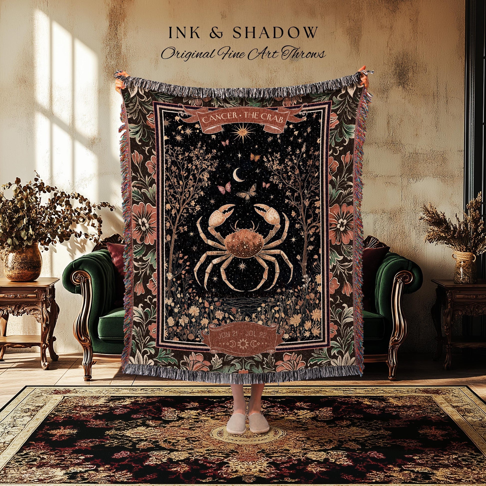 Gothic Romantic Cancer Zodiac Sign Blanket Celestial Forestcore Throw | The Crab Astrology Victorian Constellation Tapestry Birth Month Gift