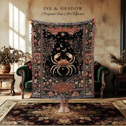 Gothic Romantic Cancer Zodiac Sign Blanket Celestial Forestcore Throw | The Crab Astrology Victorian Constellation Tapestry Birth Month Gift
