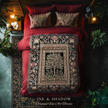 Rustic Garden Tree of Life Throw Blanket | Medieval Floral Motif Gothic Botanical Decor Romantic Baroque Woven Tapestry Cherry Aesthetic |