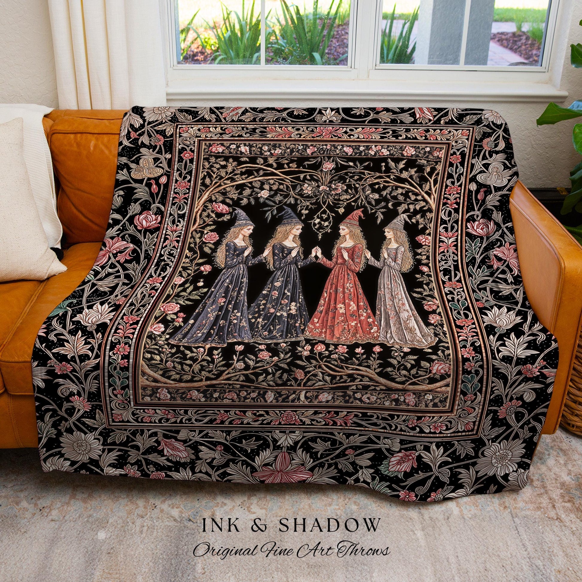 Medieval Maiden Gathering Tapestry Blanket Romantic Gothic Folklore Decor | Enchanted Botanical Courtship Woven Wall Art Fairytale Romance