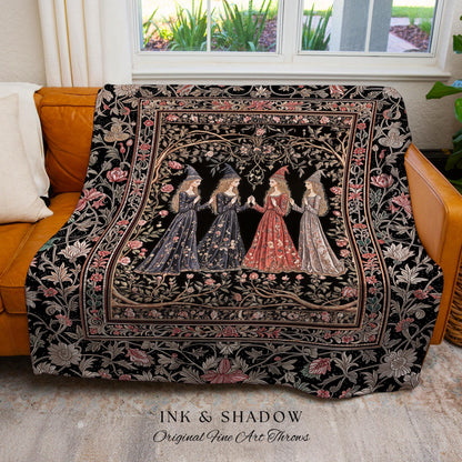 Medieval Maiden Gathering Tapestry Blanket Romantic Gothic Folklore Decor | Enchanted Botanical Courtship Woven Wall Art Fairytale Romance